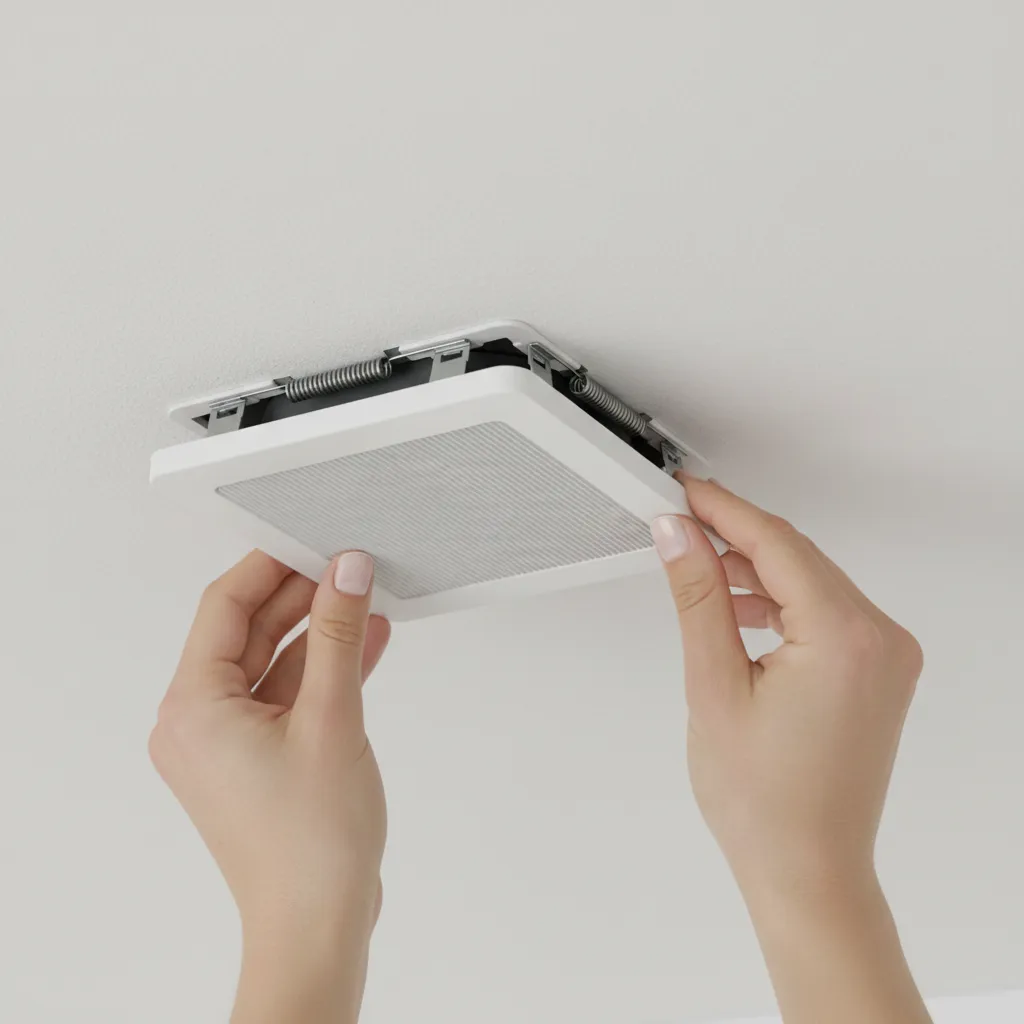 Bathroom ceiling ventilation fan with cover being gently pulled down