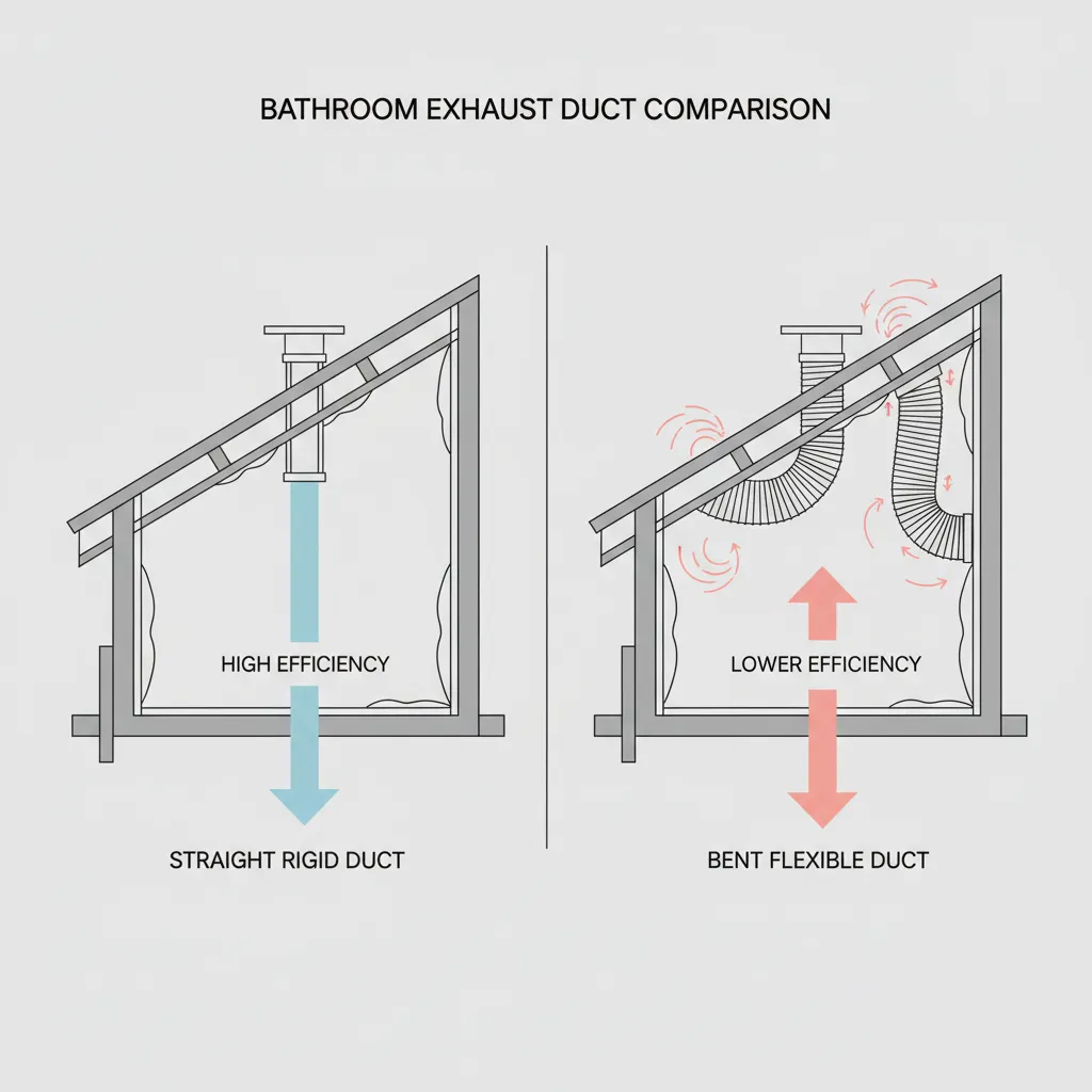 Bathroom exhaust fan duct layout showing straight duct vs bent duct airflow efficiency