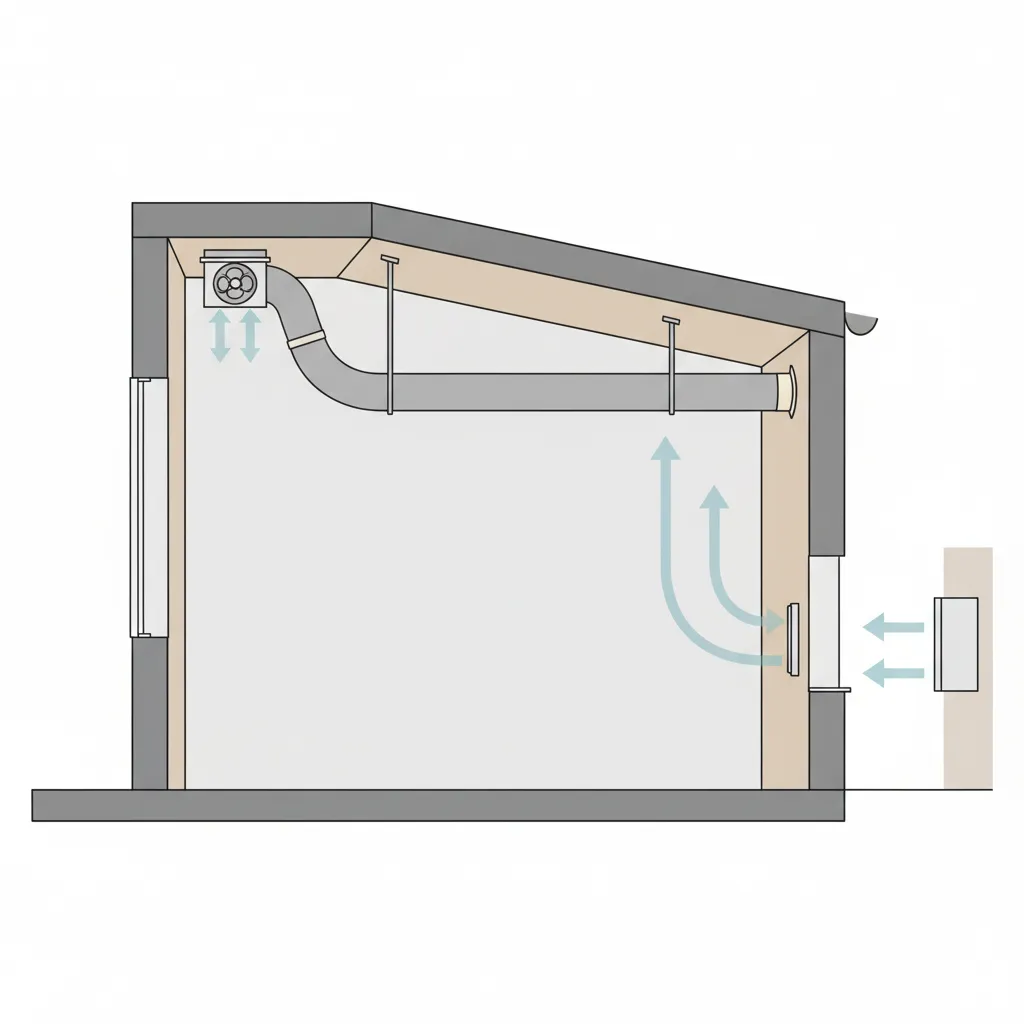 Diagram showing bathroom fan duct path from ceiling to exterior vent