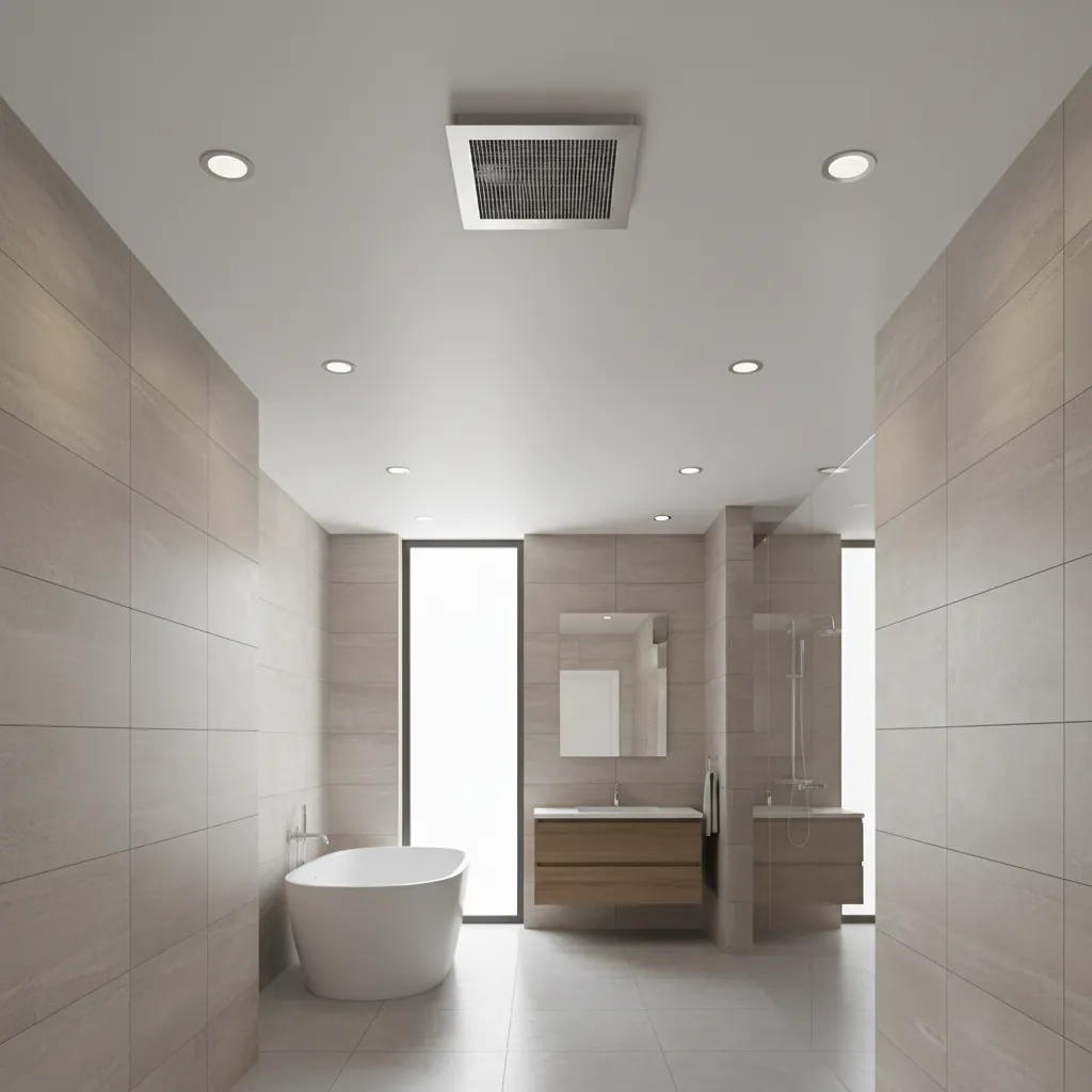 Ceiling mounted bathroom exhaust fan in modern residential bathroom