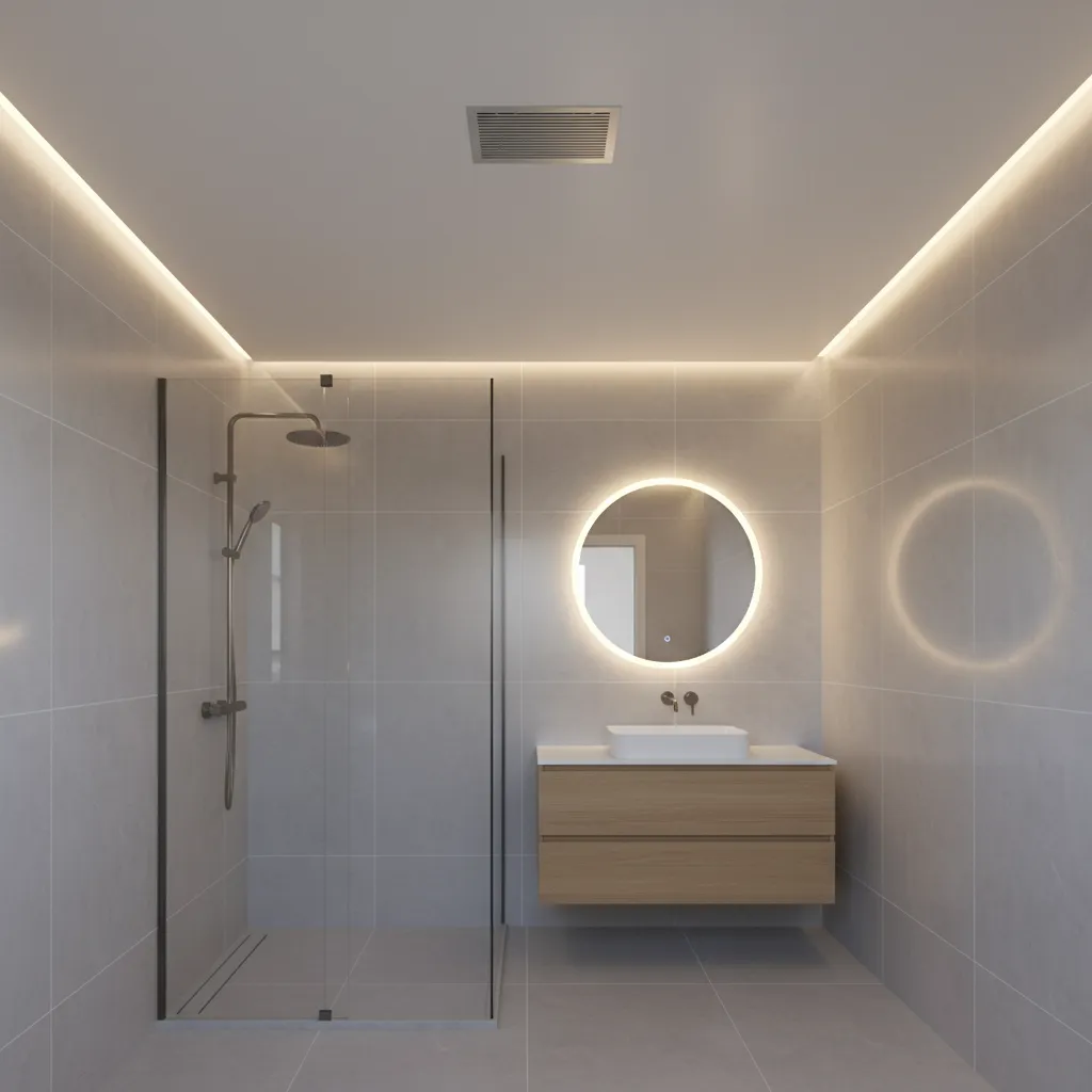 Ceiling mounted bathroom exhaust fan installed above shower area