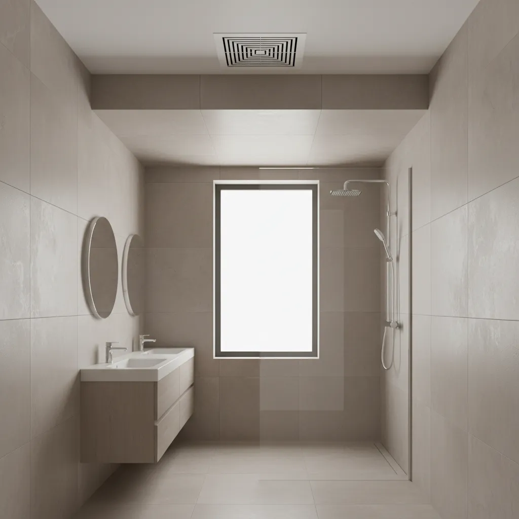 Bathroom ceiling exhaust fan installed in a modern shower space