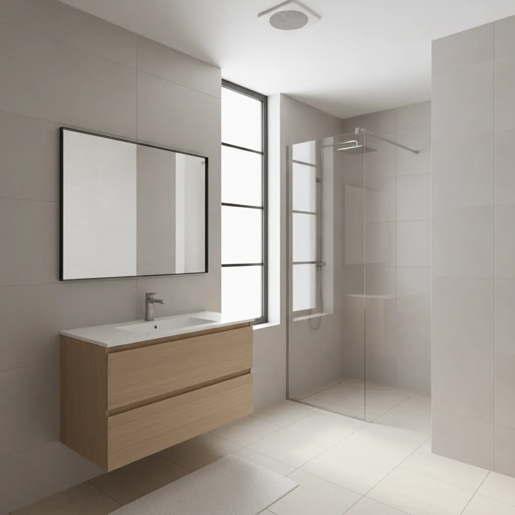 Ceiling mounted bathroom exhaust fan installed in a modern residential bathroom