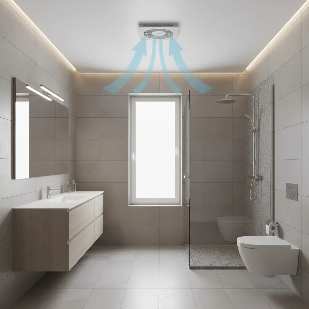 bathroom ceiling exhaust fan positioned near shower area