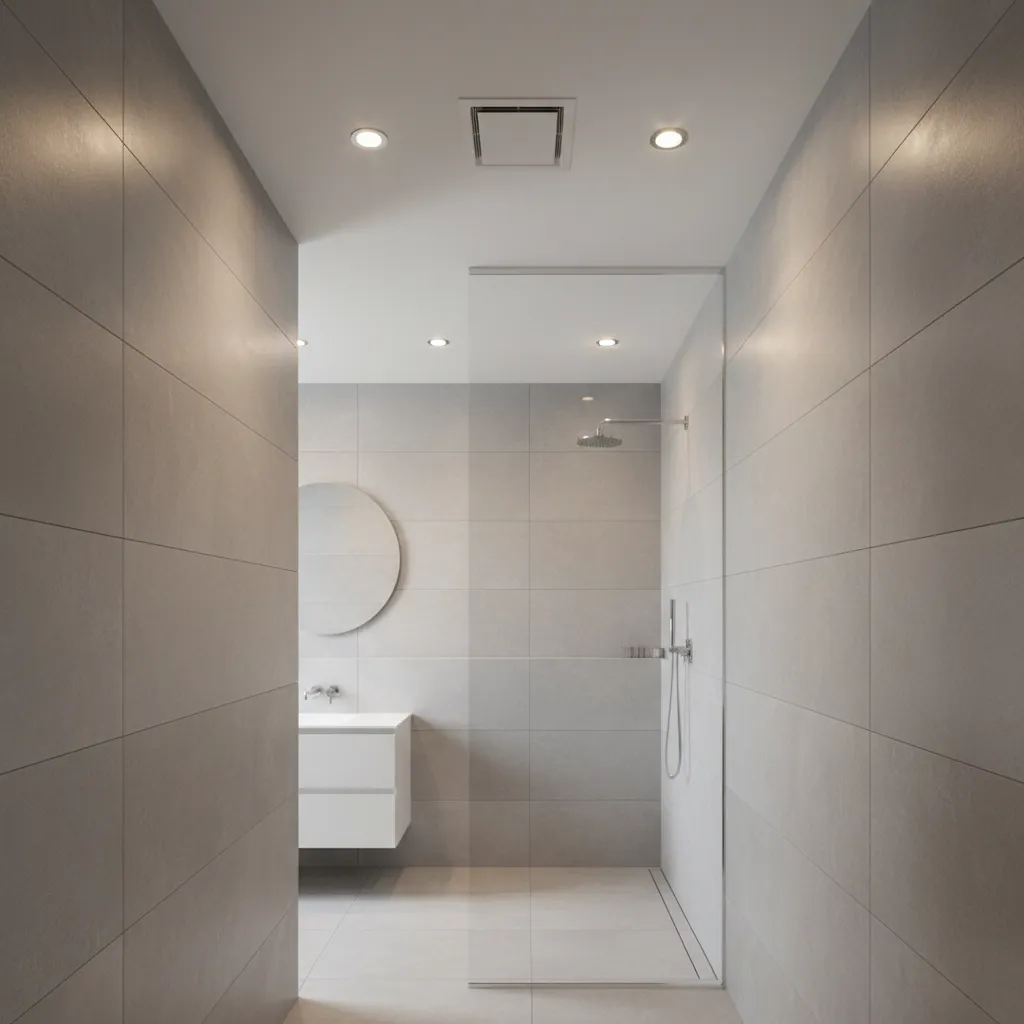 Ceiling exhaust fan installed near shower in a narrow bathroom