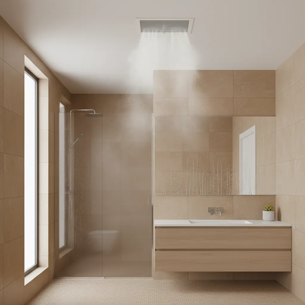 Bathroom exhaust fan removing steam after a hot shower