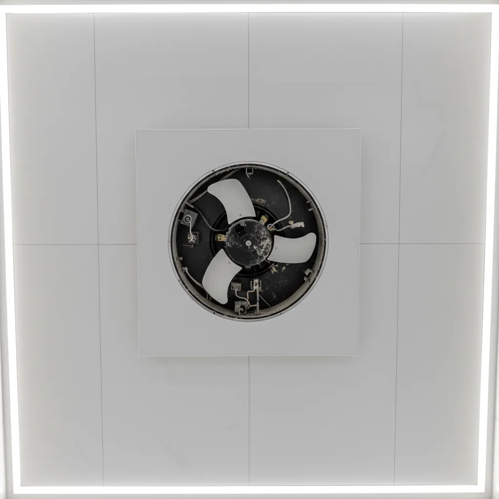 Bathroom ceiling exhaust fan with cover removed exposing dusty fan blades