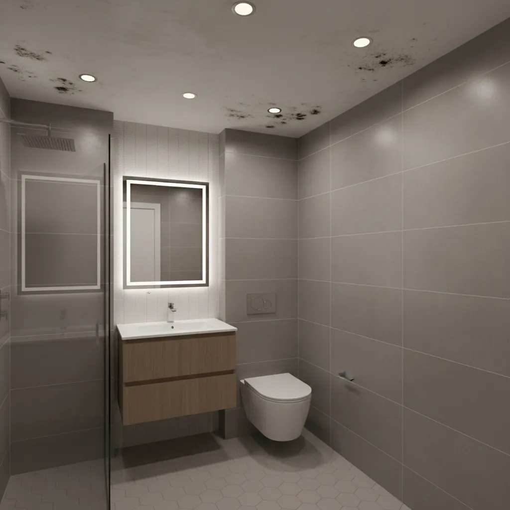 Small bathroom ceiling with moisture stains and mould forming around recessed light