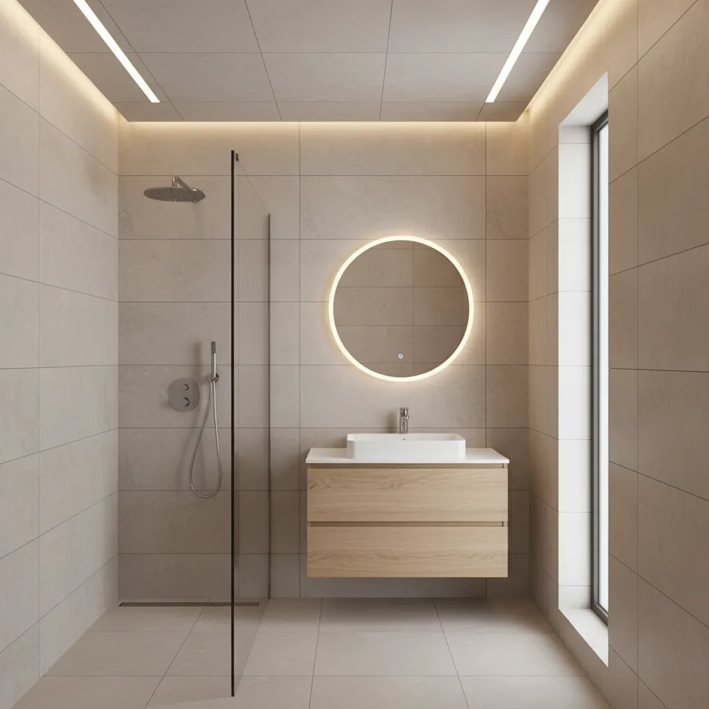 modern bathroom interior with moisture resistant false ceiling panels and recessed lights