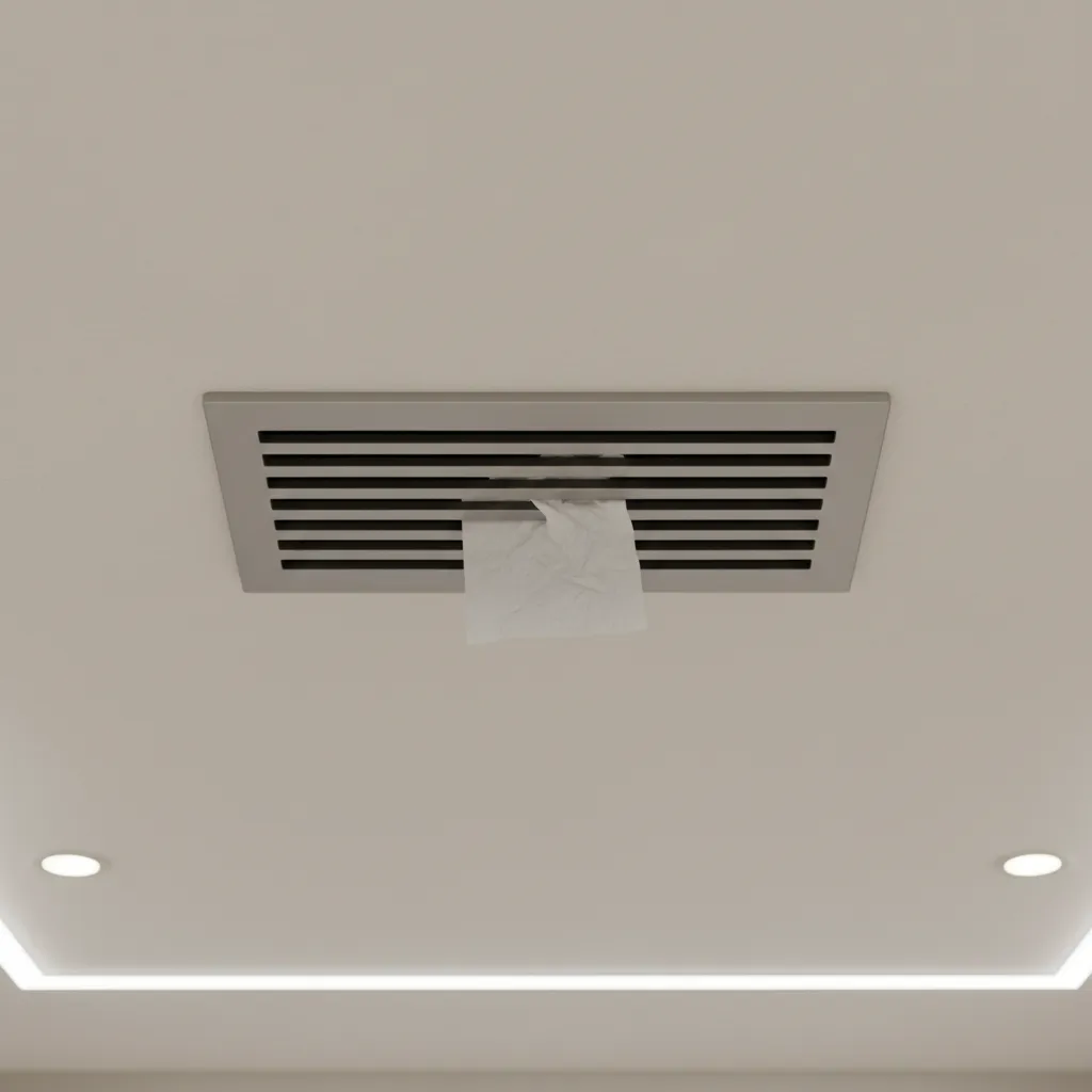 toilet paper held against bathroom fan grille to test airflow