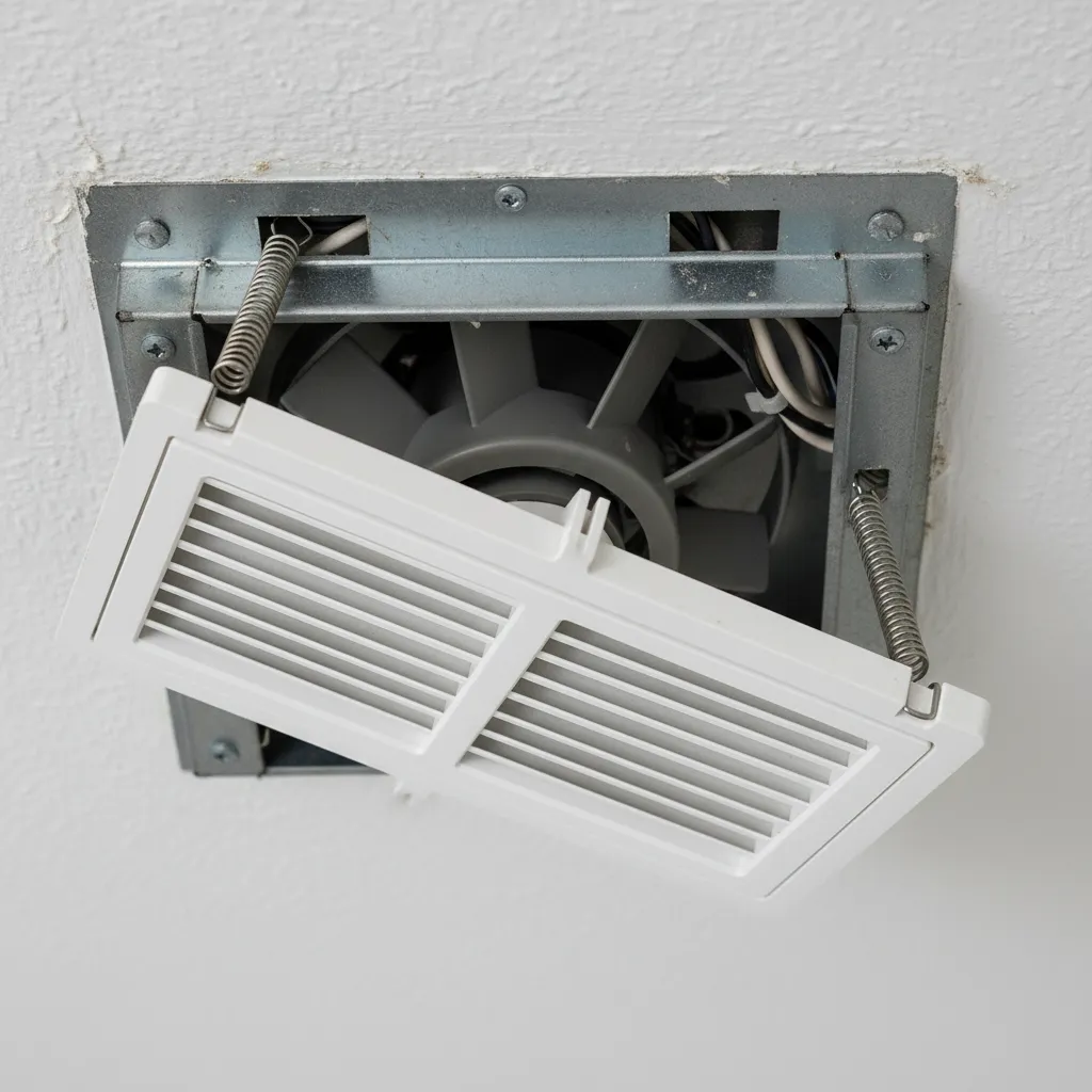 bathroom exhaust fan cover showing spring clip attachment