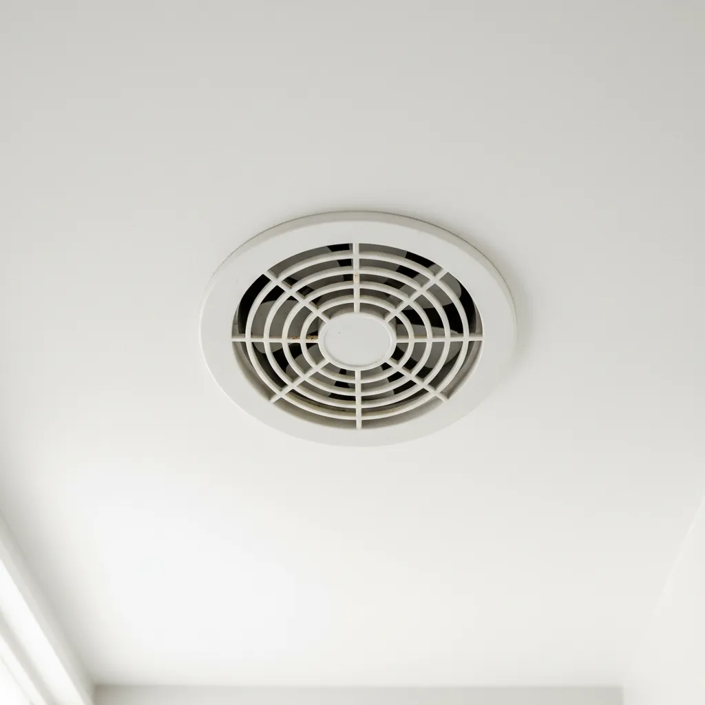 Round bathroom fan cover stuck against a painted ceiling