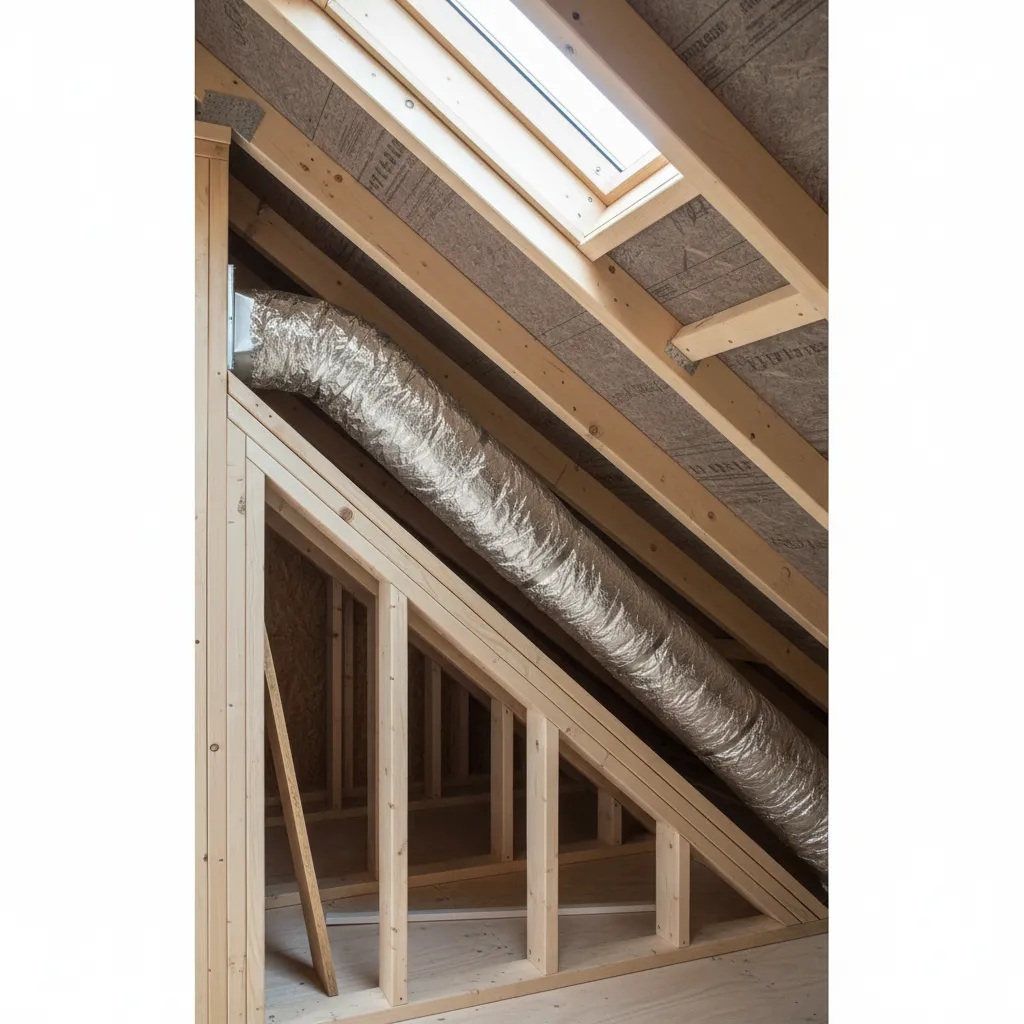 Bathroom exhaust duct running through attic showing straight duct layout