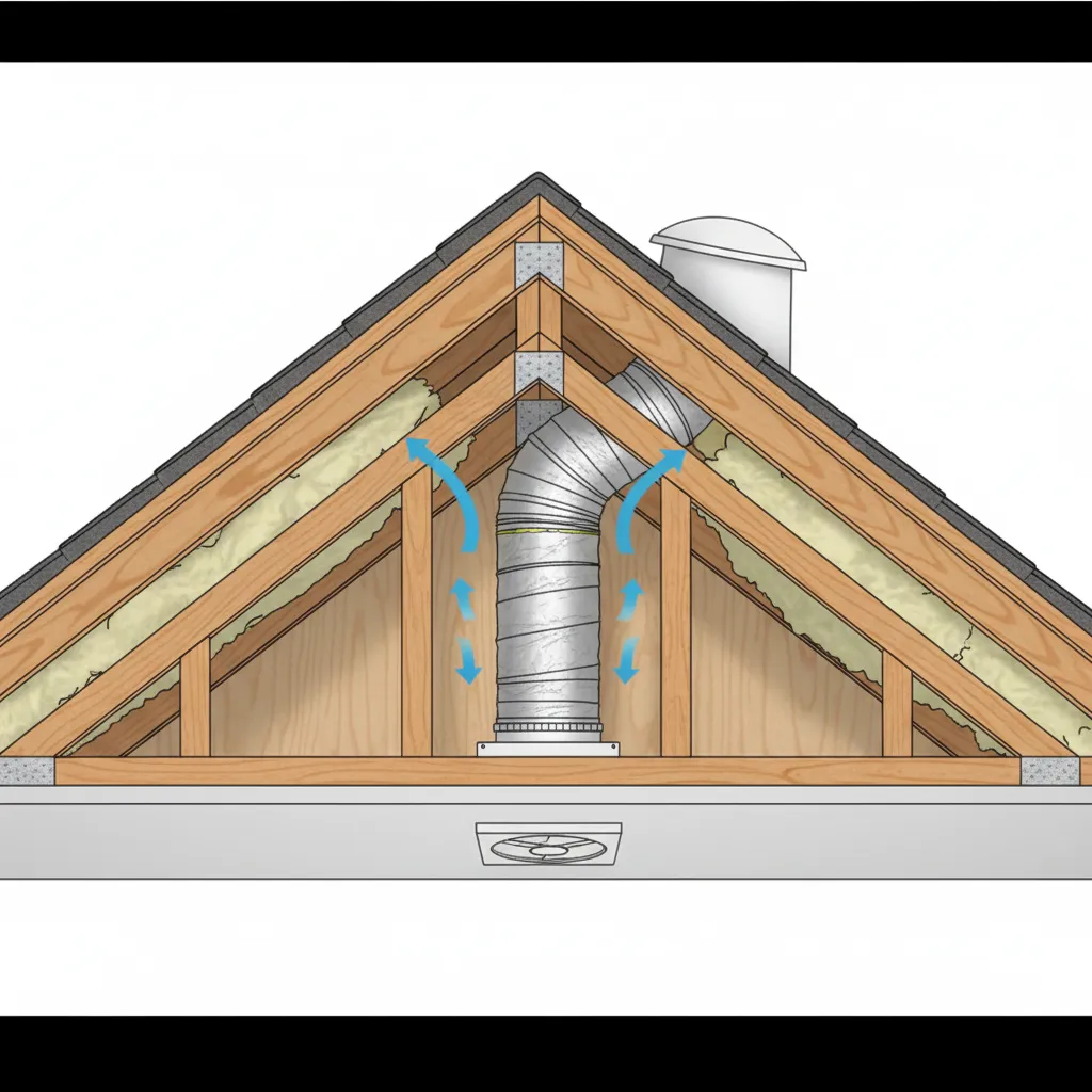 Diagram showing insulated duct routing from bathroom fan through attic to roof vent