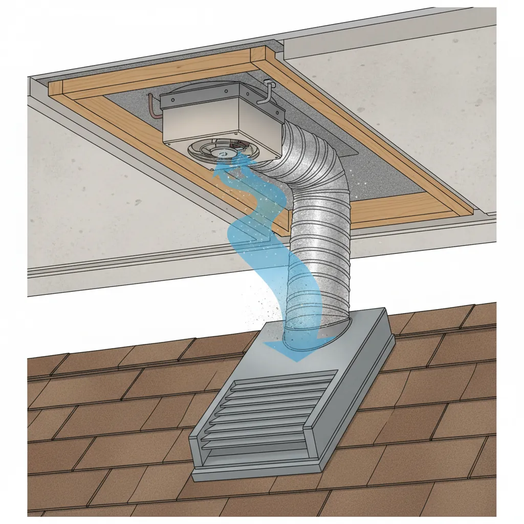 proper bathroom exhaust fan duct routing to exterior wall