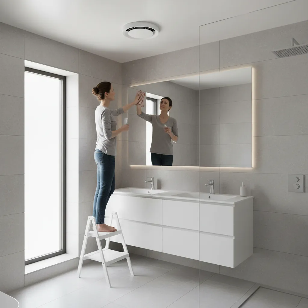 Homeowner cleaning bathroom exhaust fan grille during maintenance