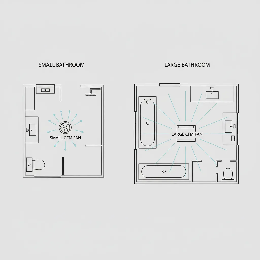 diagram comparing small and large bathroom fan airflow coverage