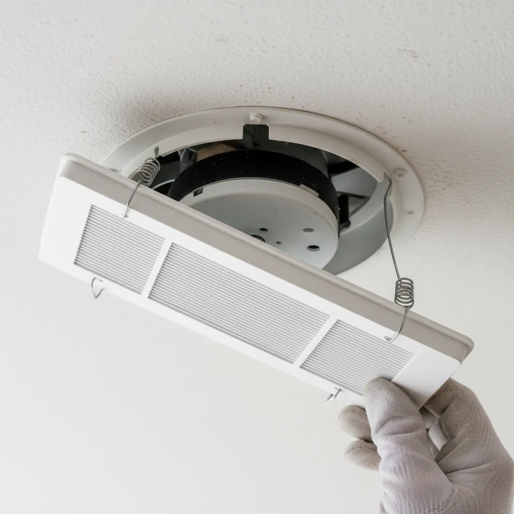 Spring clips visible after pulling down a bathroom fan cover