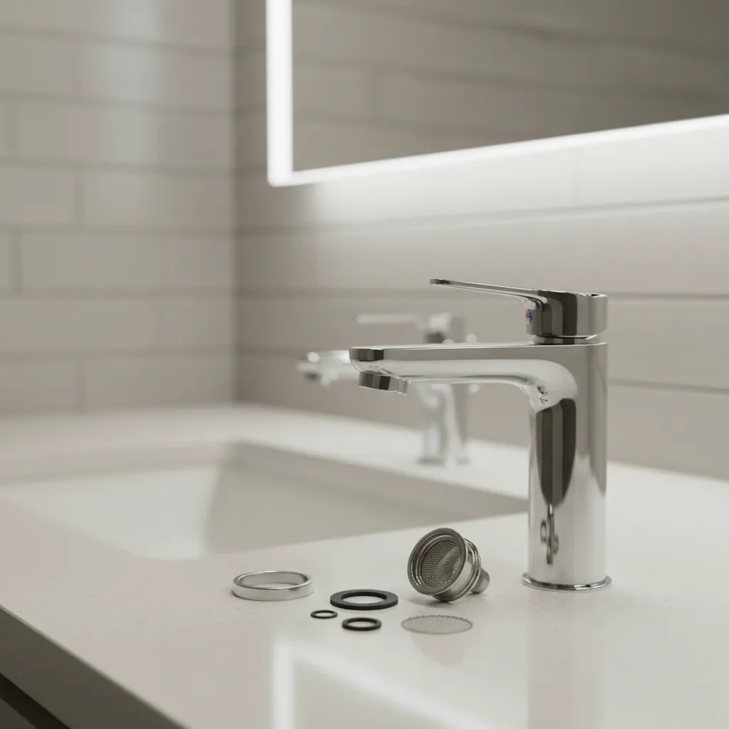 Bathroom faucet aerator removed for cleaning and maintenance