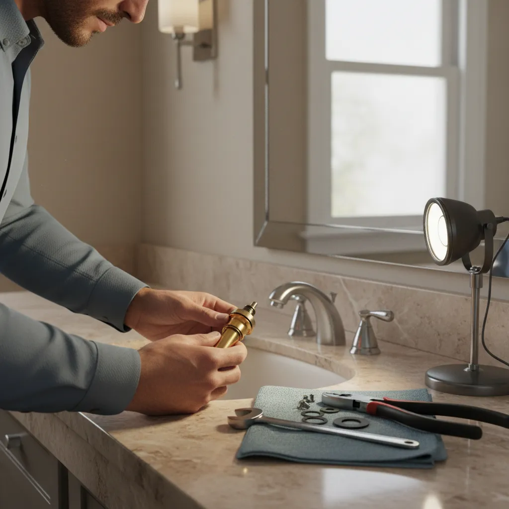 Plumber replacing cartridge inside bathroom faucet during repair