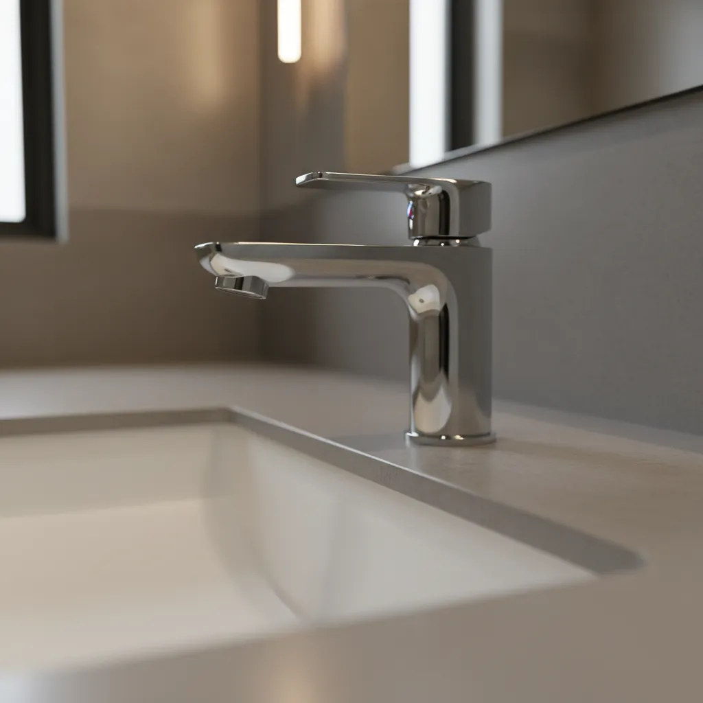 Close-up of polished silver bathroom faucet finish showing reflective metal surface