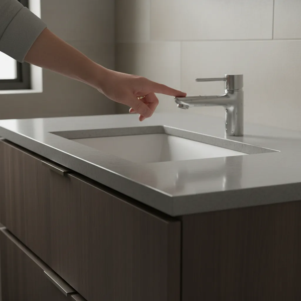 Bathroom faucet handle being inspected for looseness
