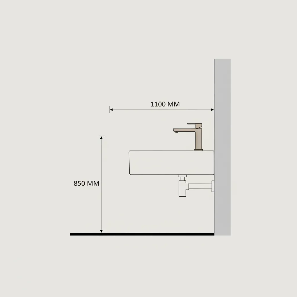 Bathroom diagram showing wall mixer height relative to basin and floor