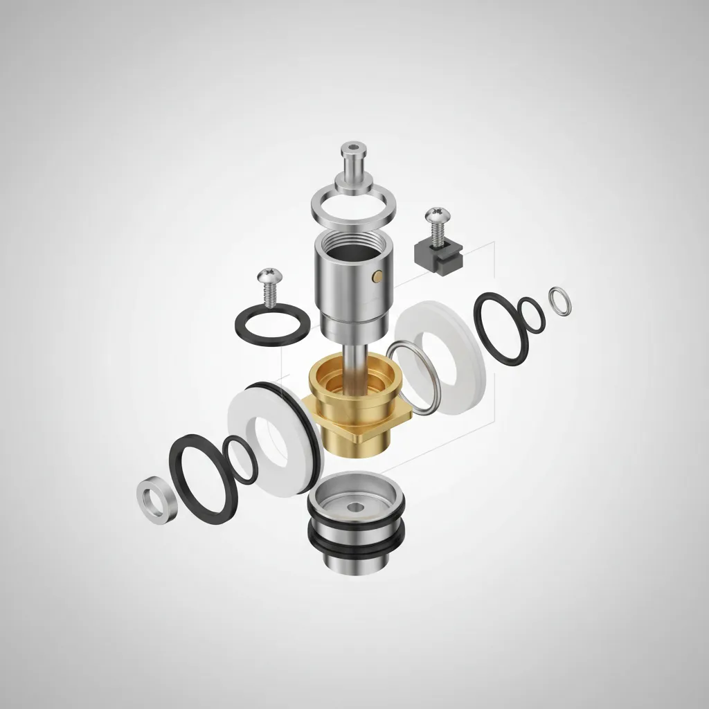 Exploded view of faucet cartridge and internal components