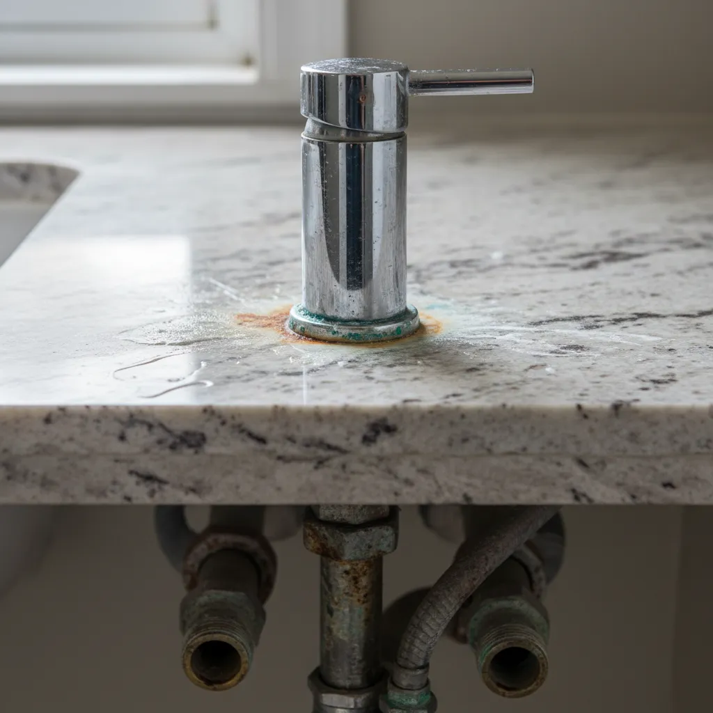 bathroom faucet base showing corrosion and water leakage