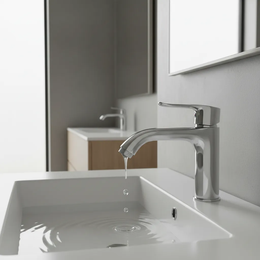 Close view of bathroom faucet with slight water drip showing repairable leak