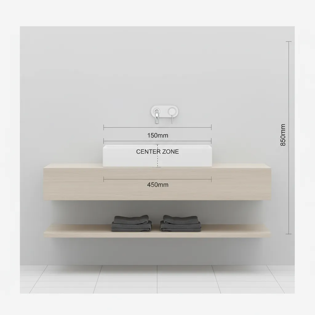 diagram showing correct wall faucet height relative to basin center