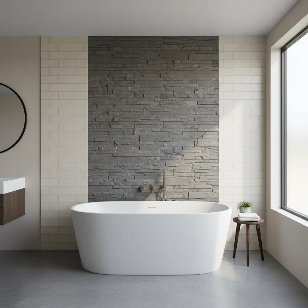 bathroom feature wall with contrasting highlighter tiles