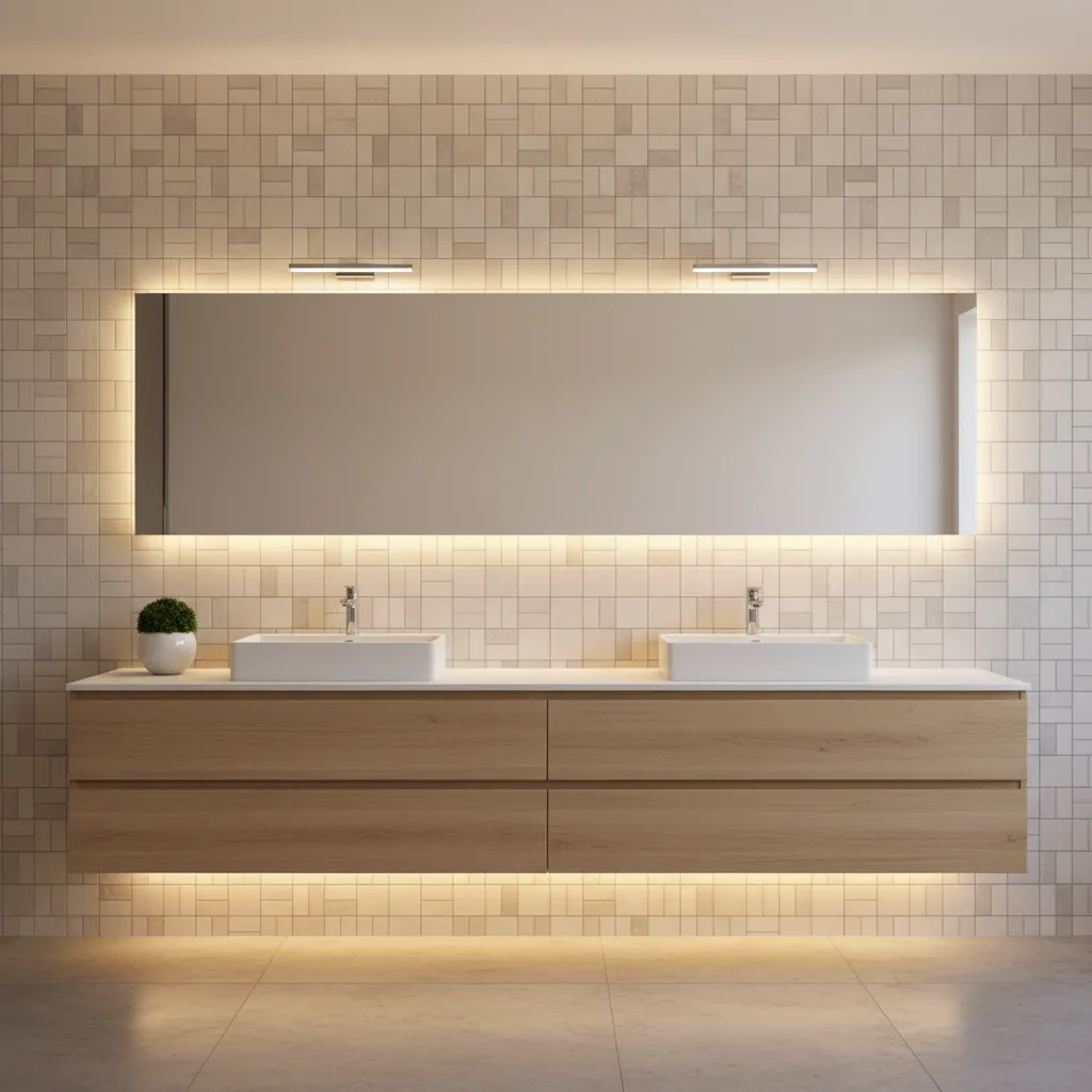 modern bathroom vanity wall with textured feature tiles