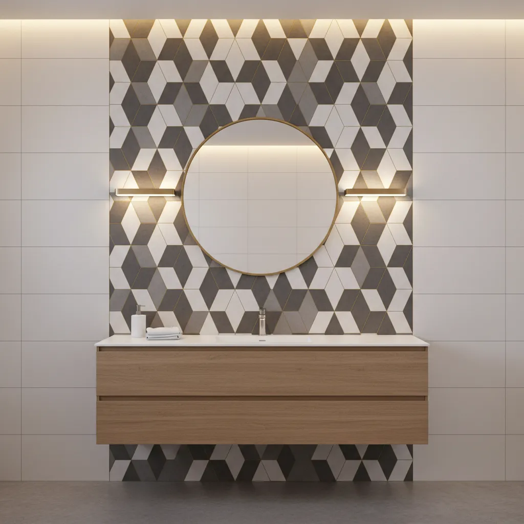 Bathroom vanity wall with decorative feature tiles and simple surrounding tiles