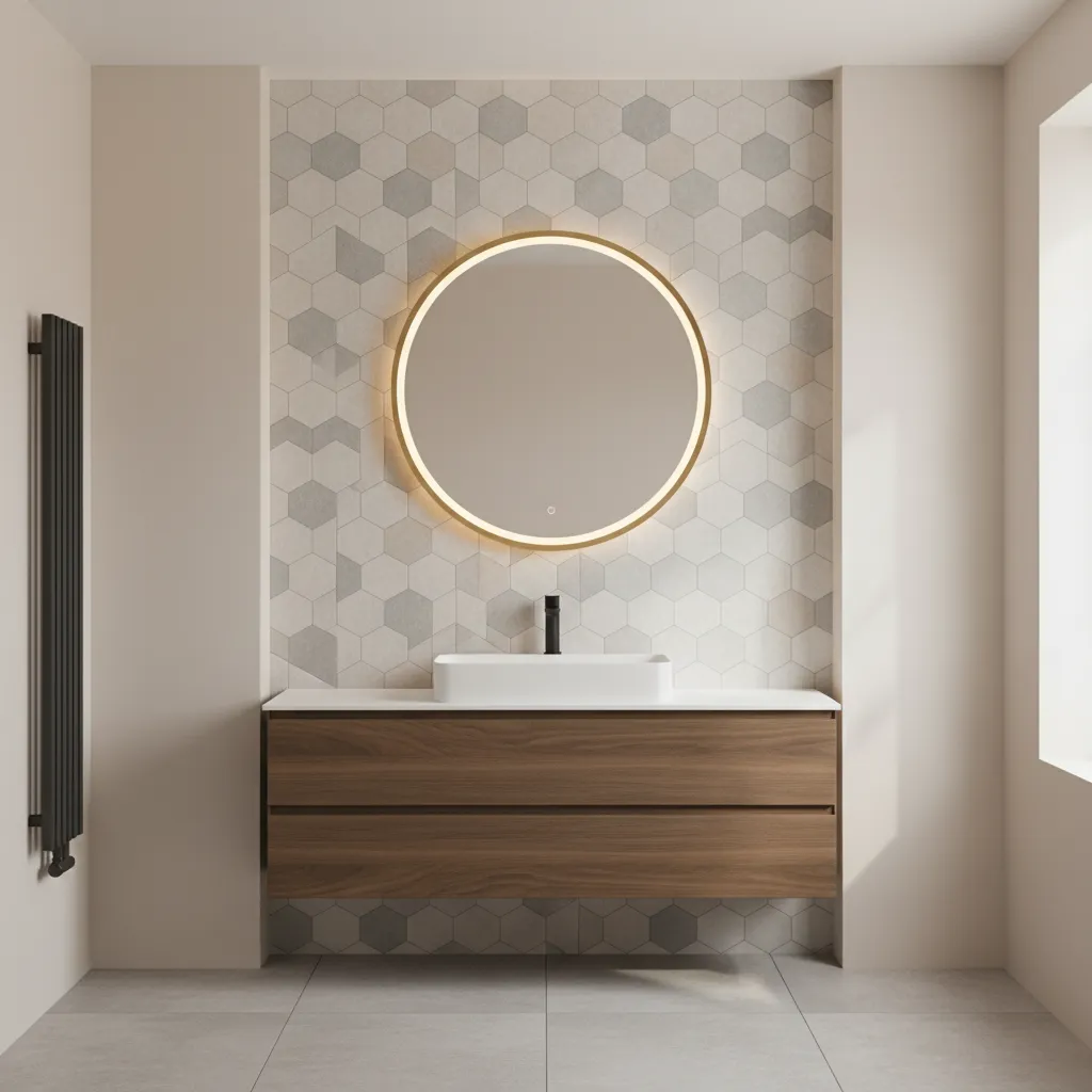 bathroom feature wall tile behind vanity with textured pattern