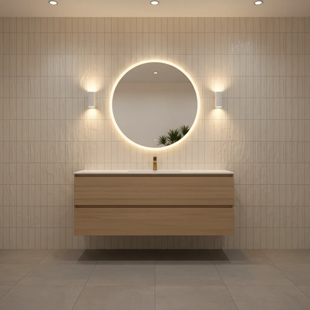 bathroom with textured feature wall tiles behind vanity