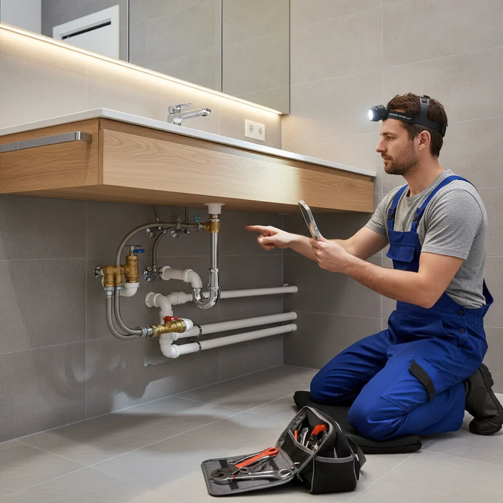 Plumber inspecting bathroom sink pipes and faucet connections