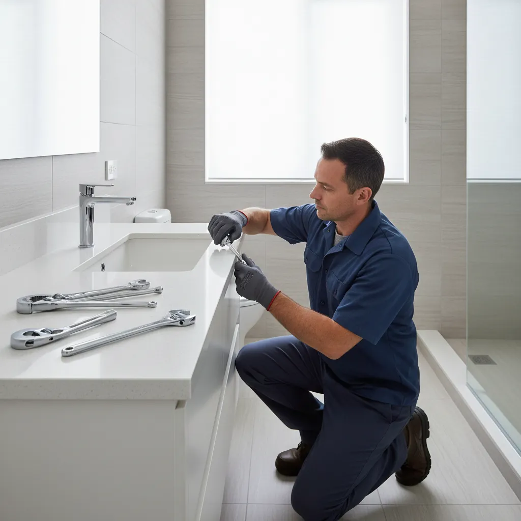 plumber installing bathroom faucet in modern tiled bathroom in India