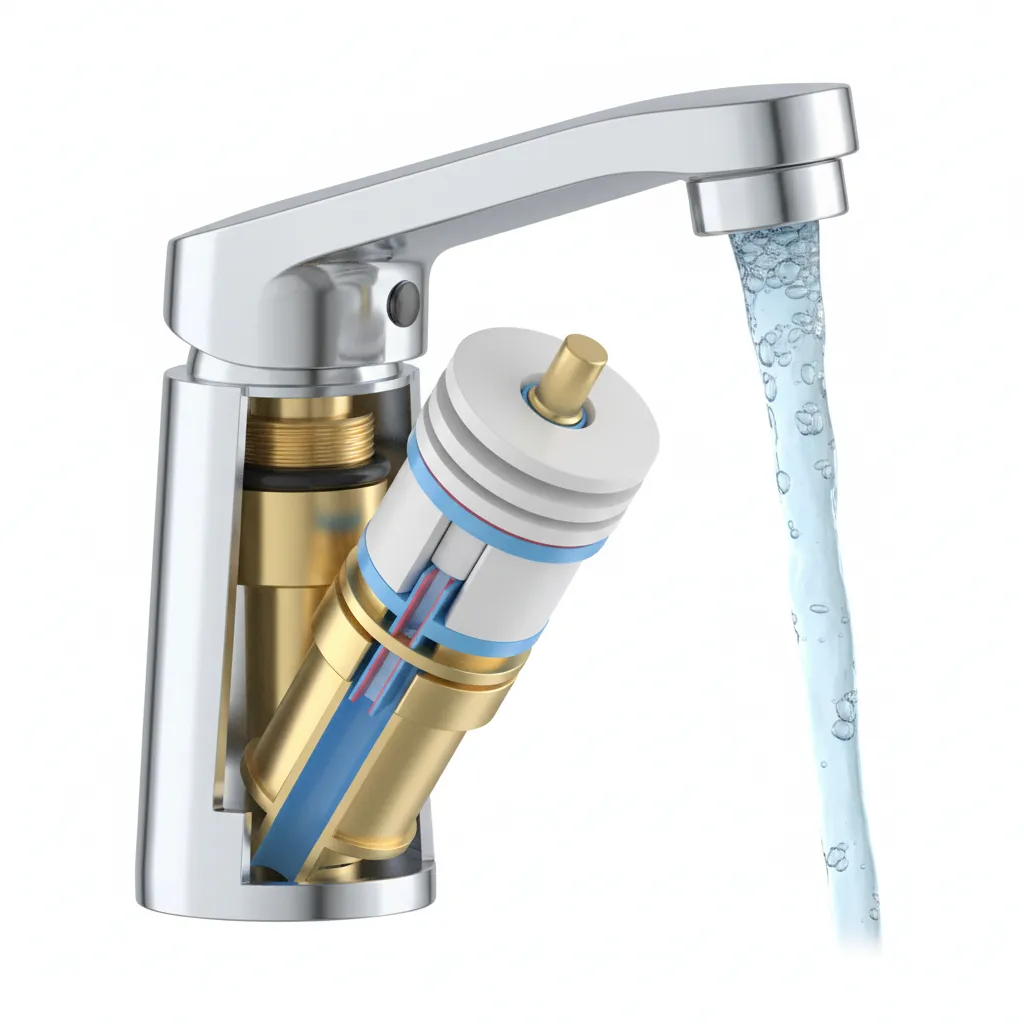 Cutaway view of faucet materials showing brass body and internal cartridge
