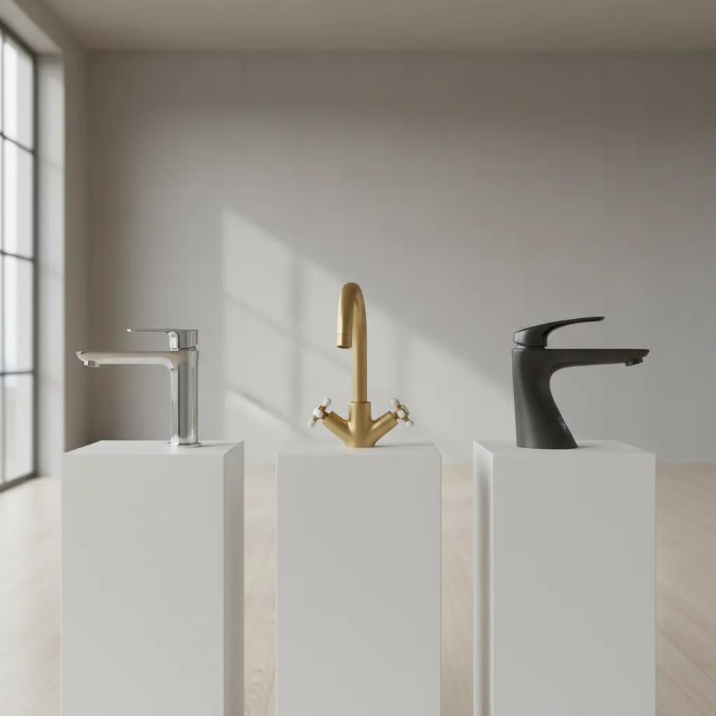 Different categories of bathroom faucets representing budget mid range and premium fittings