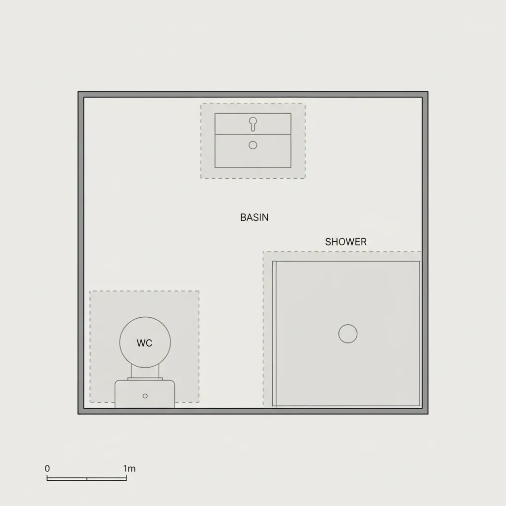 bathroom layout diagram showing toilet and sink clearance measurements