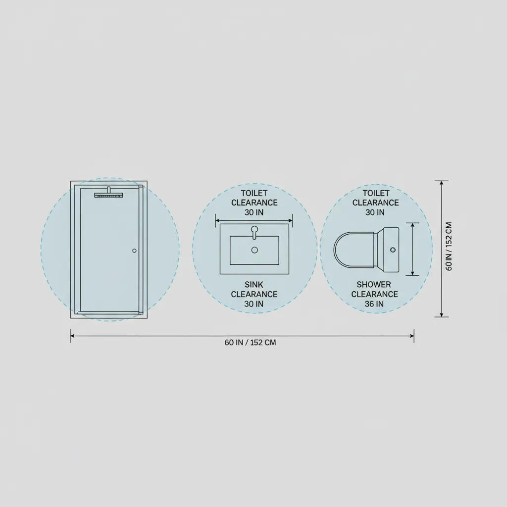 diagram showing recommended clearance space between toilet sink and shower in small bathroom