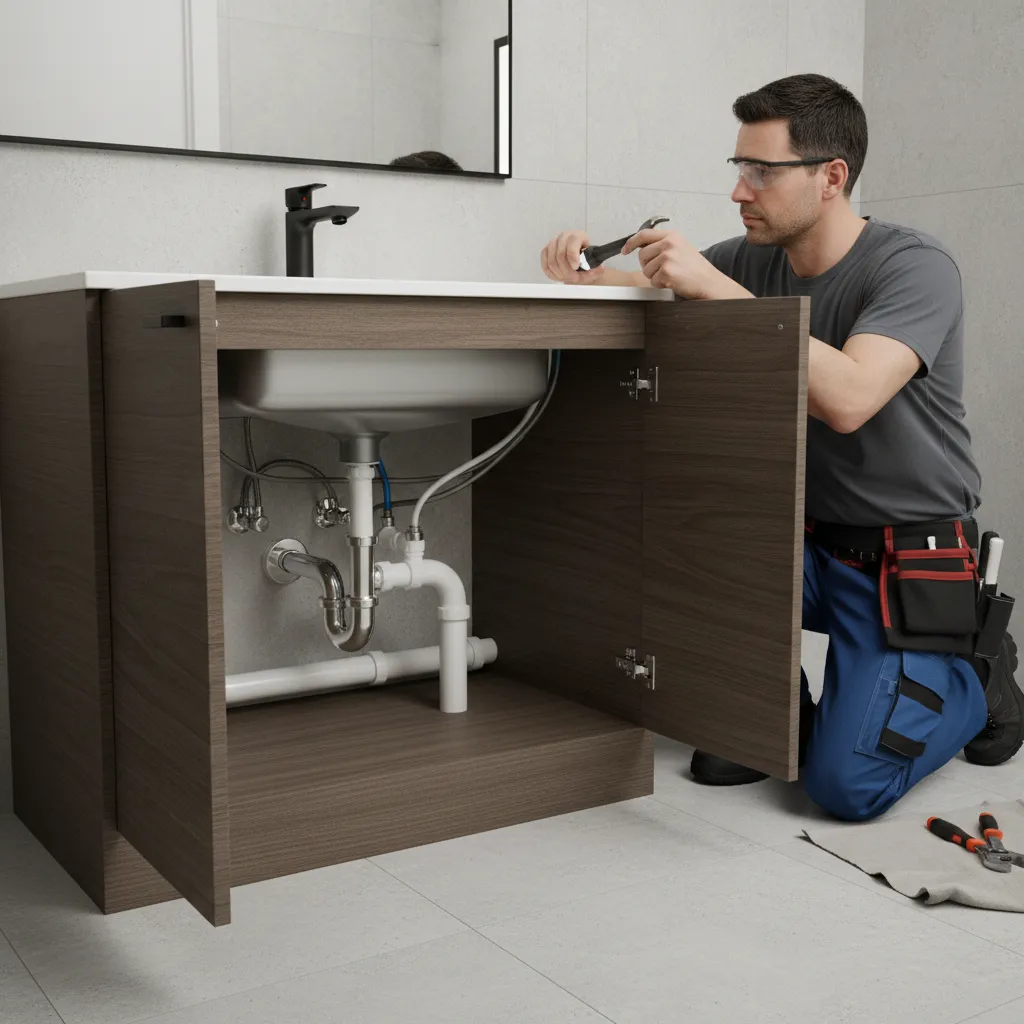 Professional inspecting bathroom sink plumbing and faucet installation