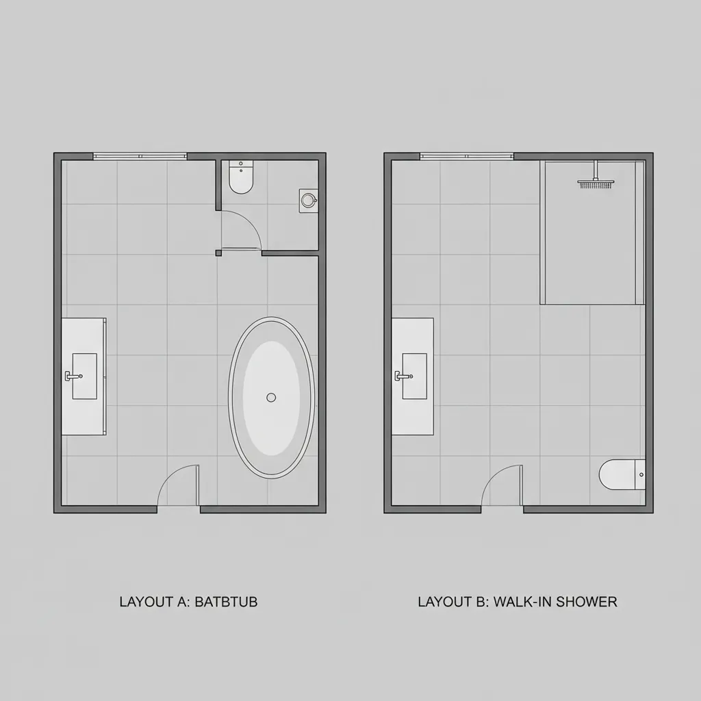 bathroom floor plan comparing walk in shower and bathtub layouts