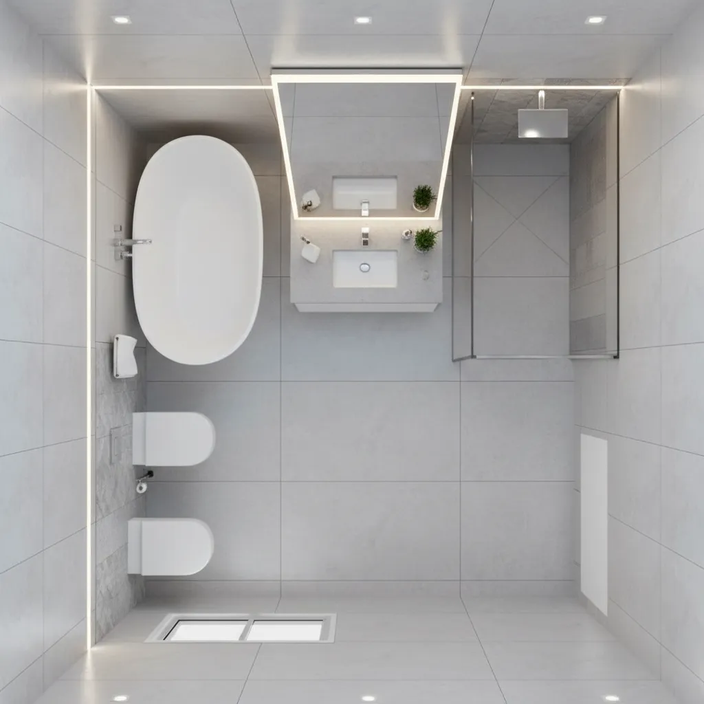 Bathroom layout showing bathtub toilet and vanity concentrated in a small structural zone