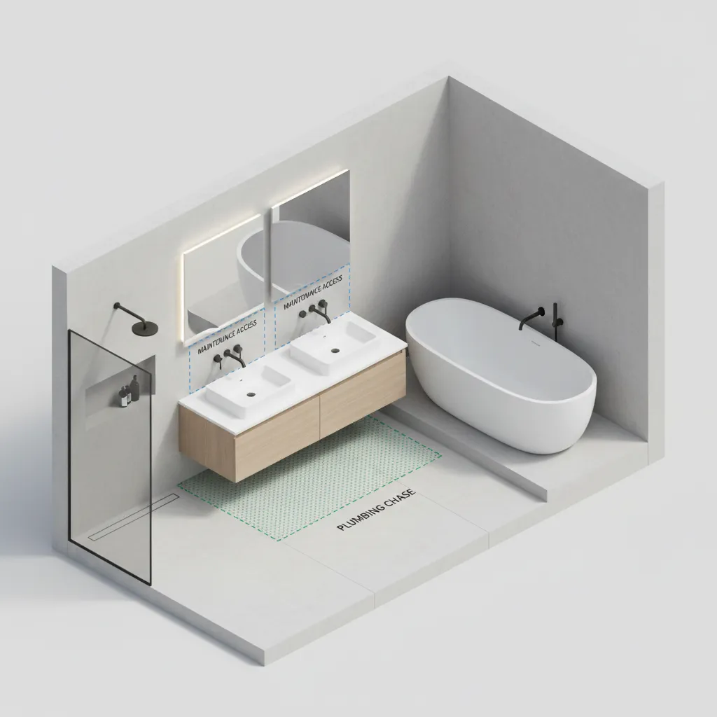 Bathroom layout showing sink and faucet maintenance access zones