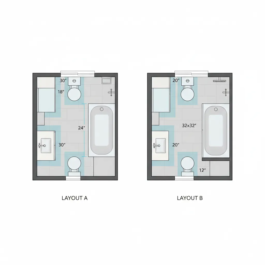 Diagram comparing fixture spacing in 5x8 and 5x9 bathrooms