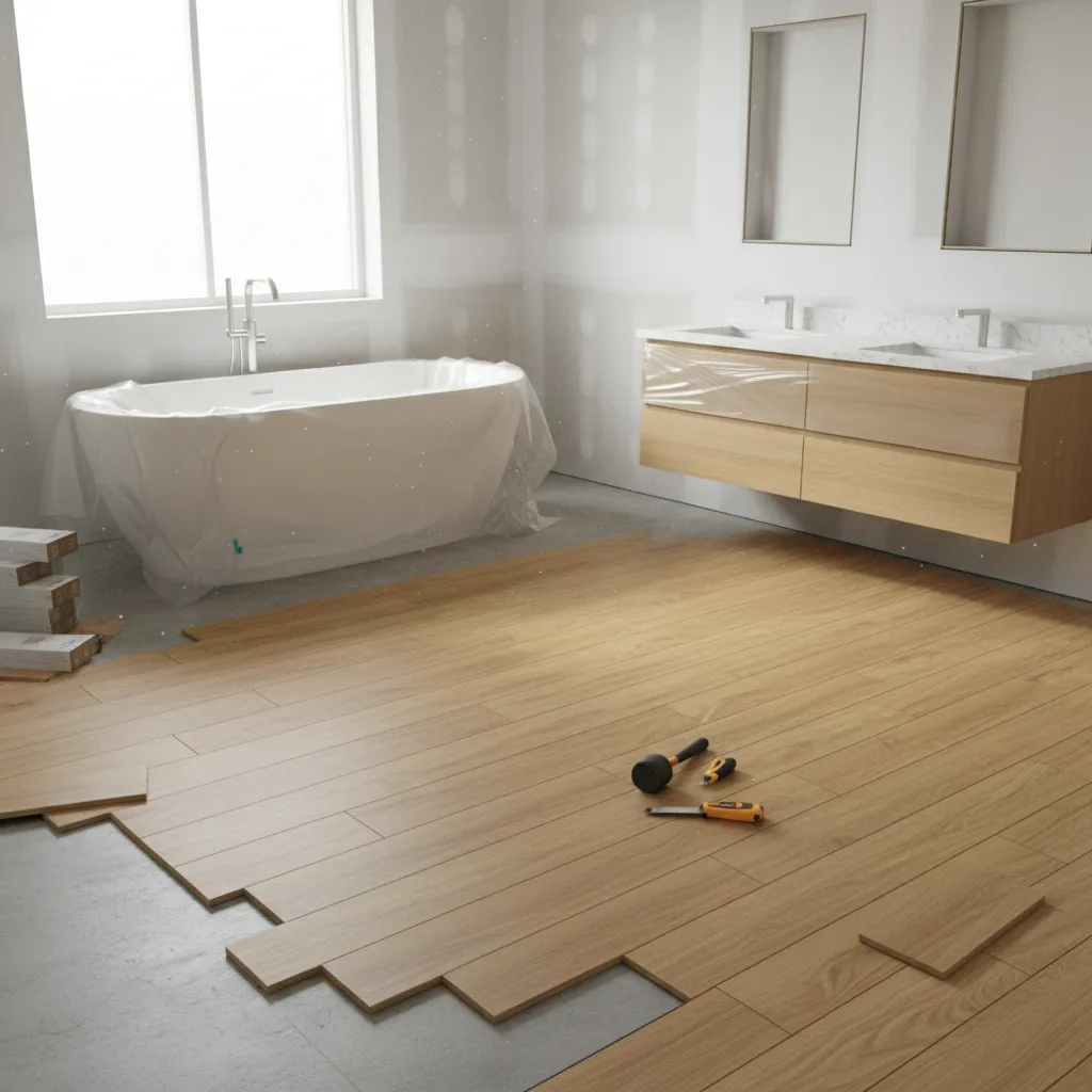 bathroom layout with floating vinyl plank flooring installation pattern