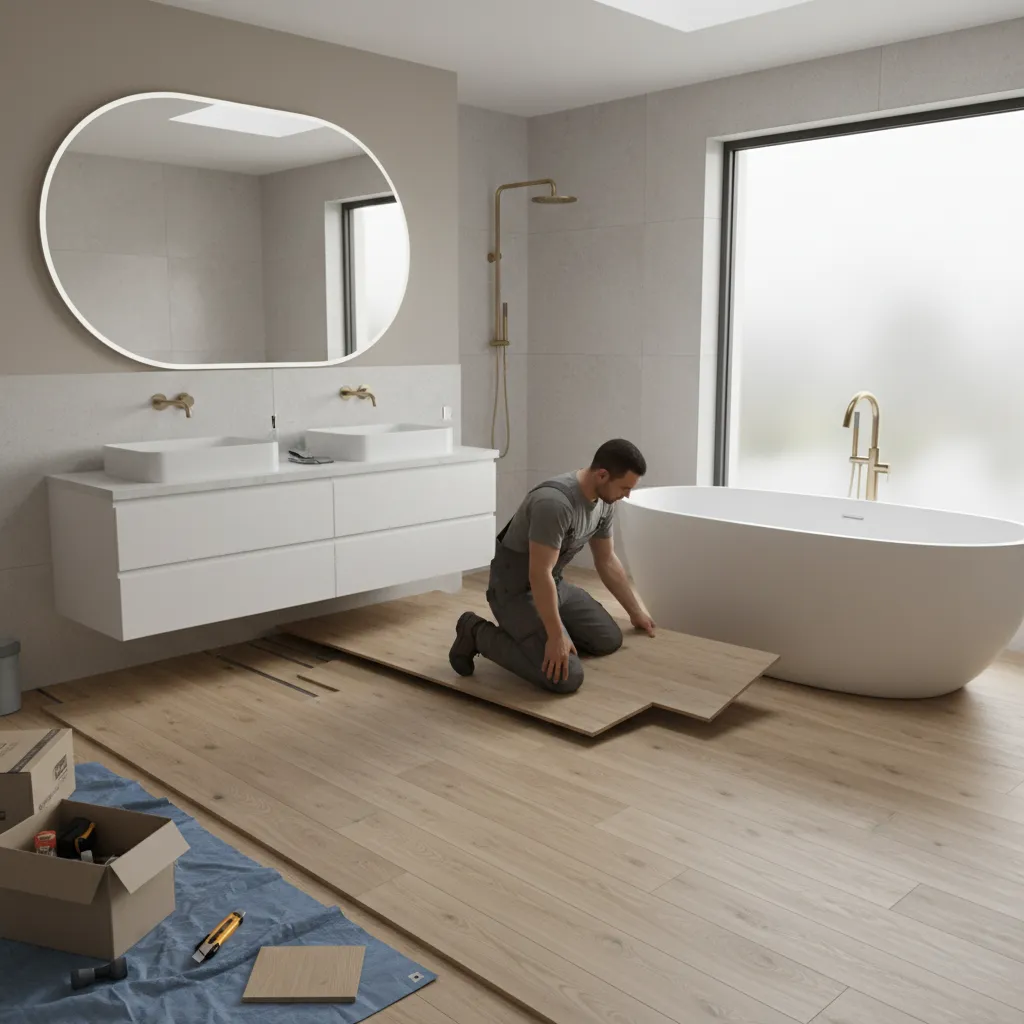 installer placing vinyl plank floating floor in modern bathroom