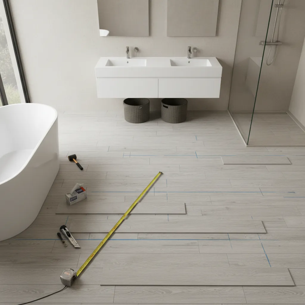bathroom floor layout planning with staggered plank pattern